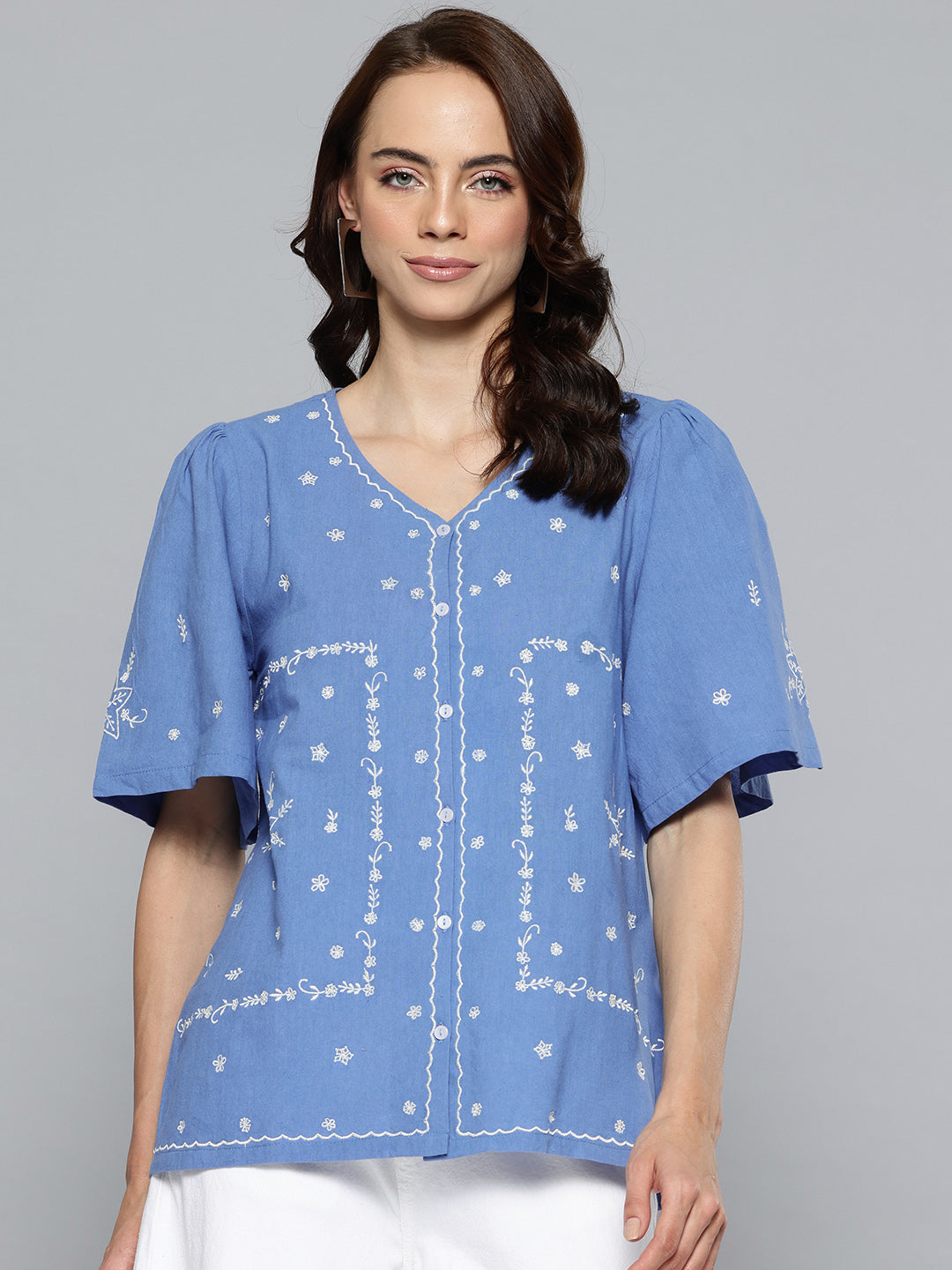 Women Blue Linen Solid Boxy Top