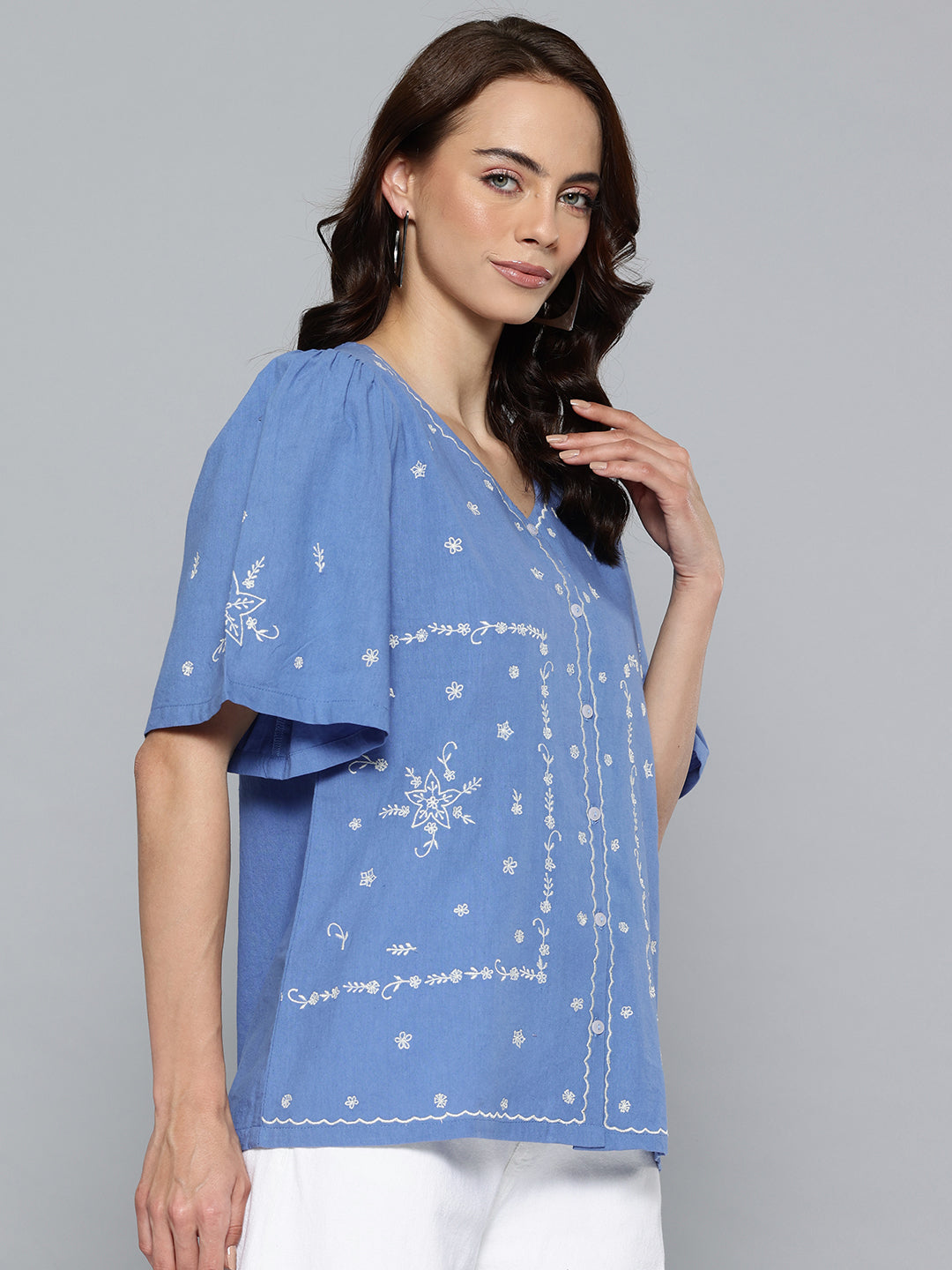 Women Blue Linen Solid Boxy Top