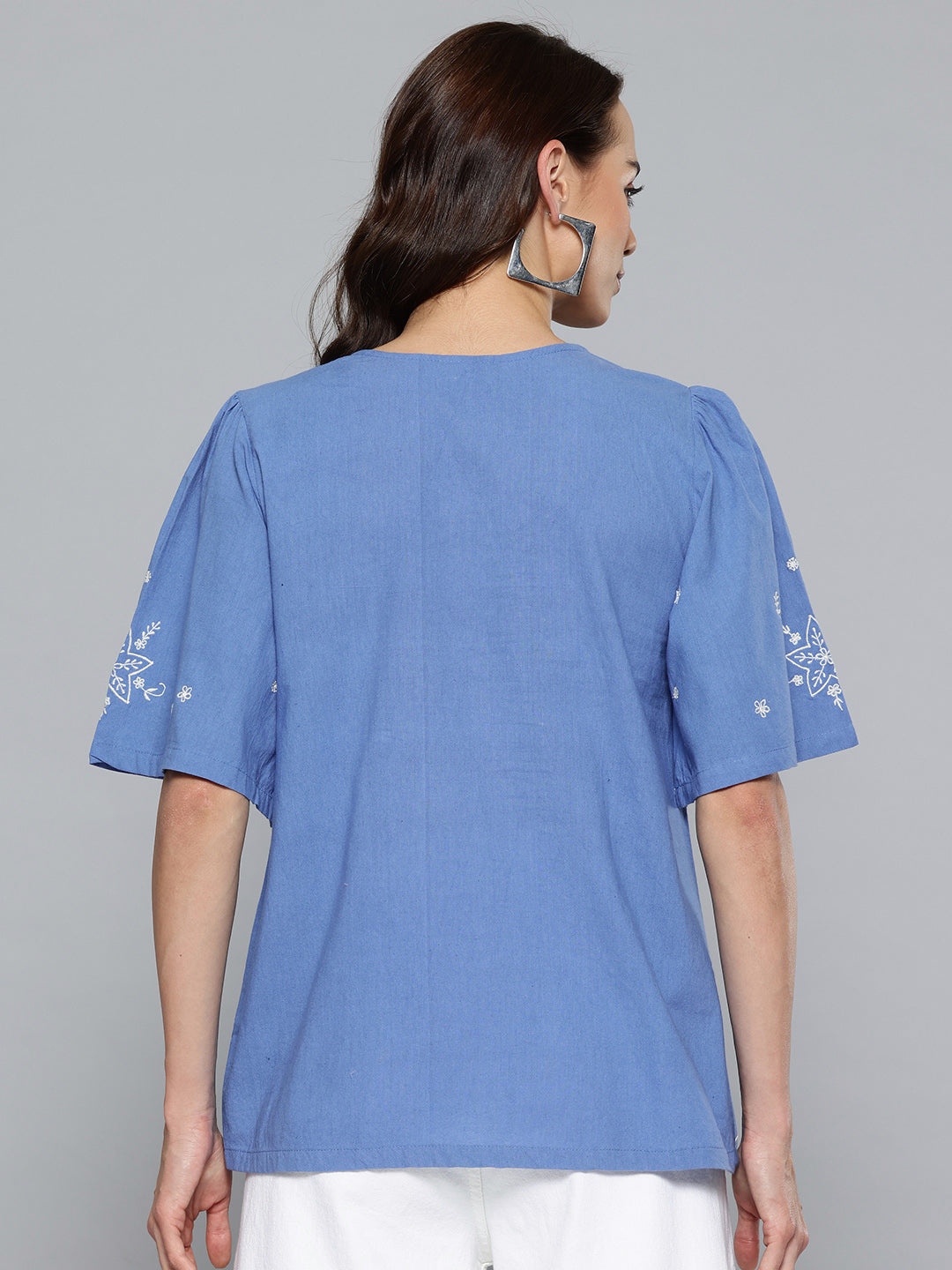 Women Blue Linen Solid Boxy Top
