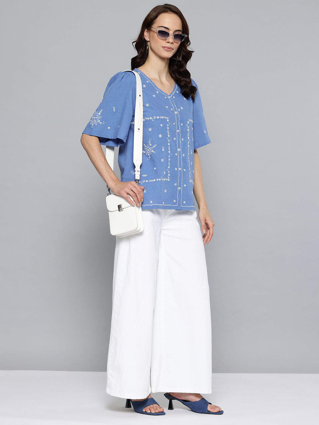 Women Blue Linen Solid Boxy Top