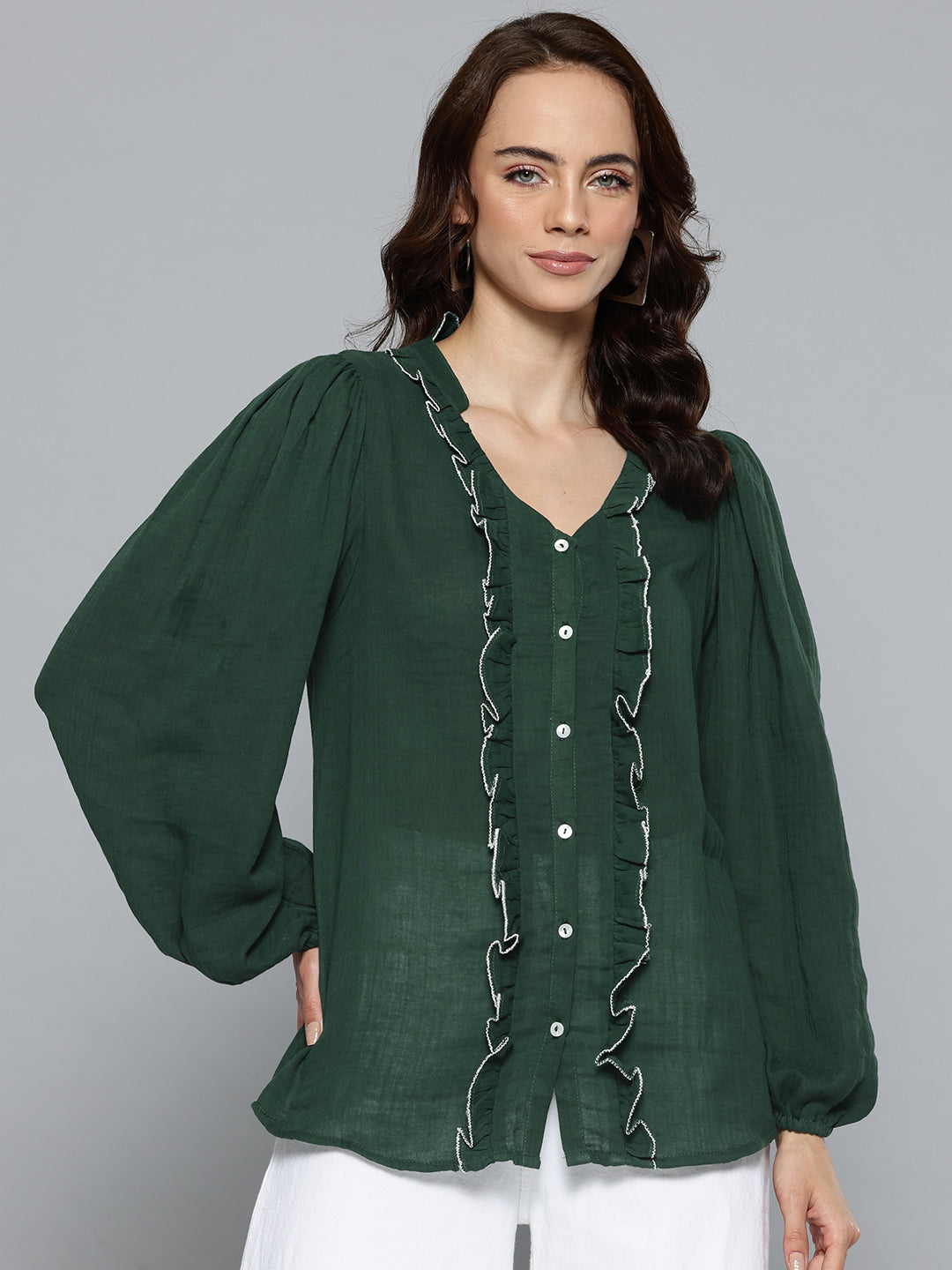 Green top- frill detail cotton top