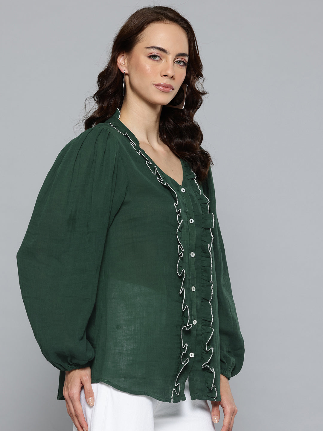Green top- frill detail cotton top