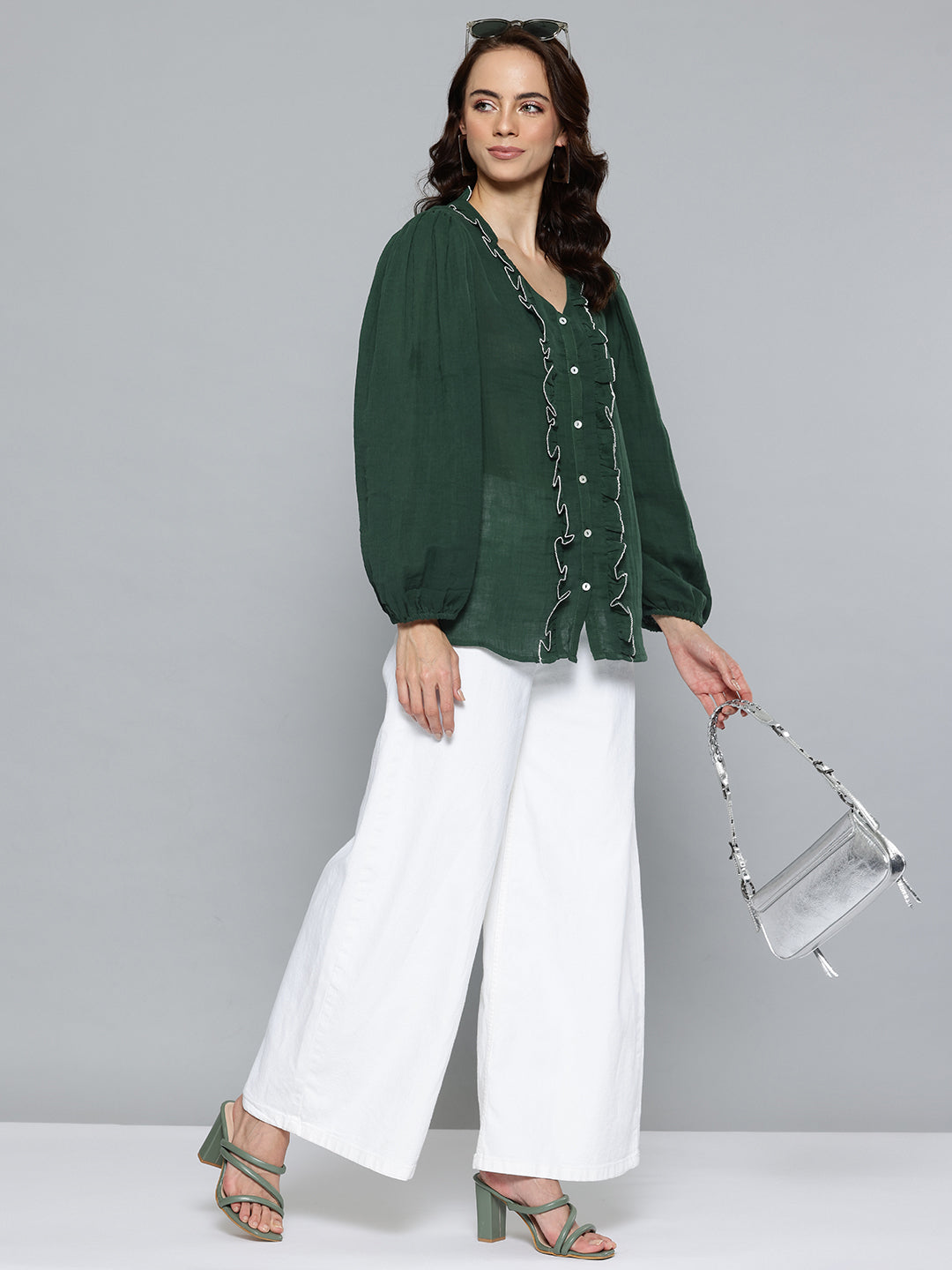 Green top- frill detail cotton top