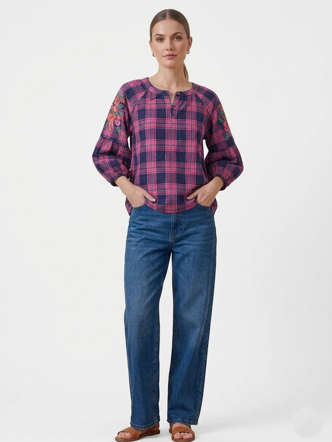 Cotton Embroidered Check Top