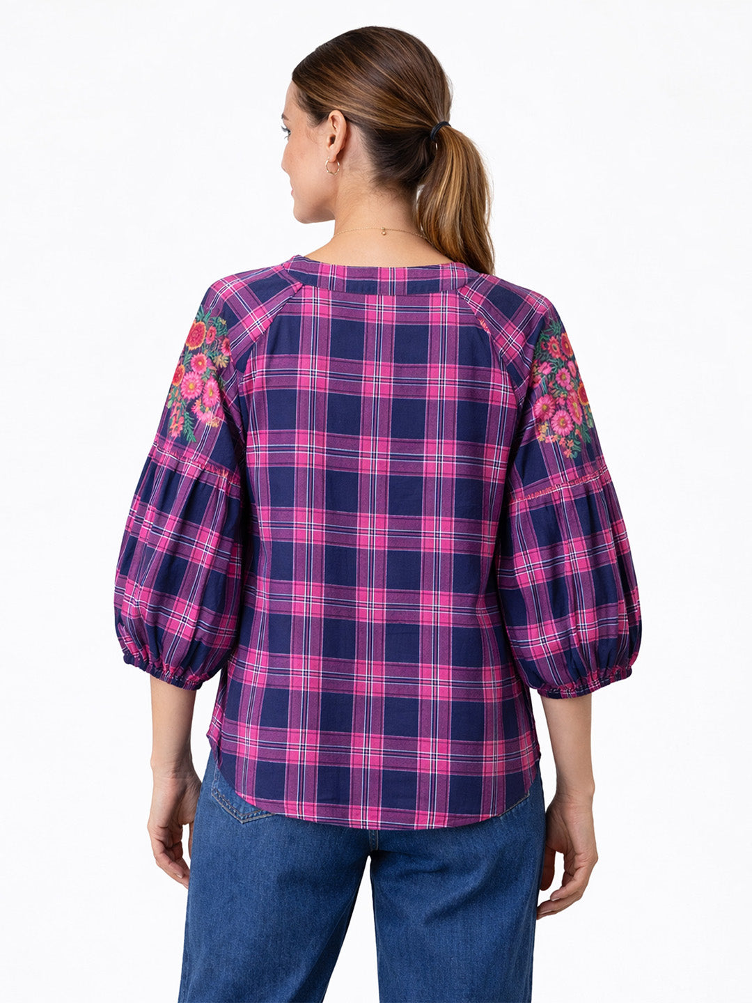 Cotton Embroidered Check Top