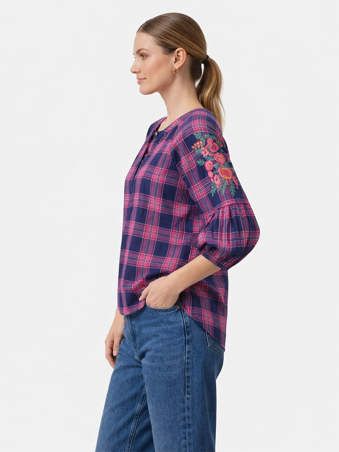Cotton Embroidered Check Top