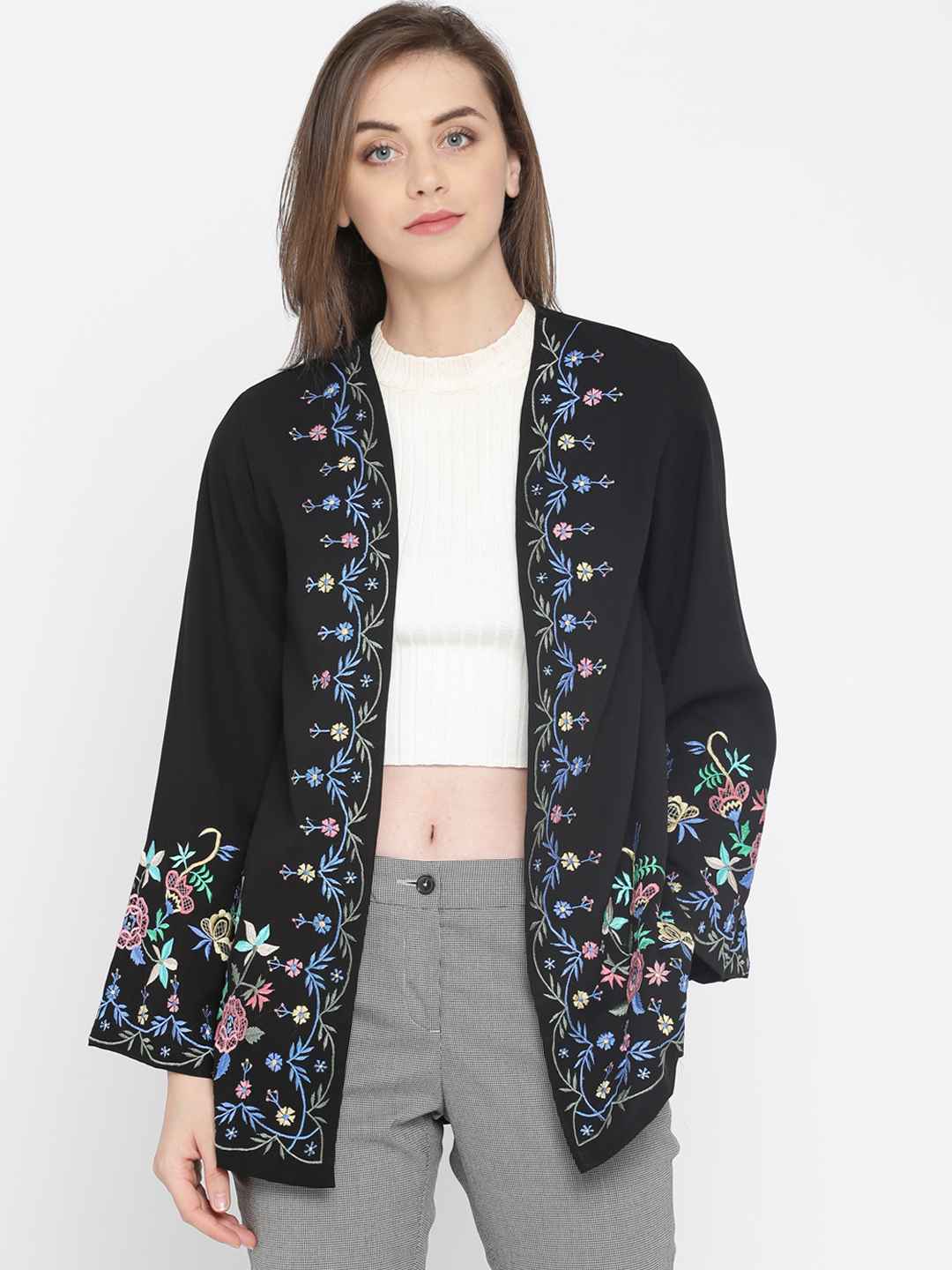Scoup Multi Color Black Embroidered Shrug