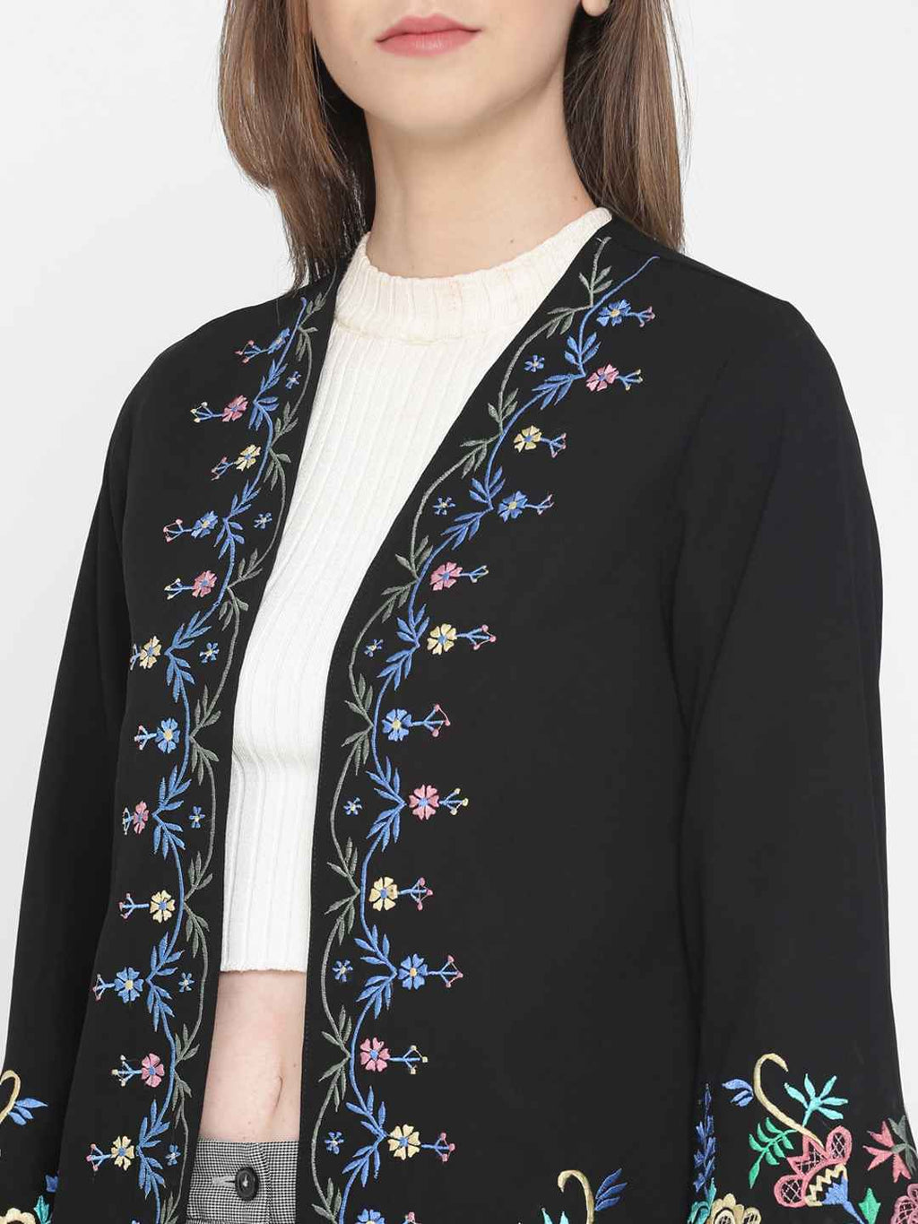 Scoup Multi Color Black Embroidered Shrug