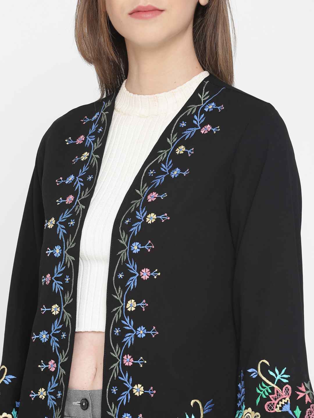Scoup Multi Color Black Embroidered Shrug