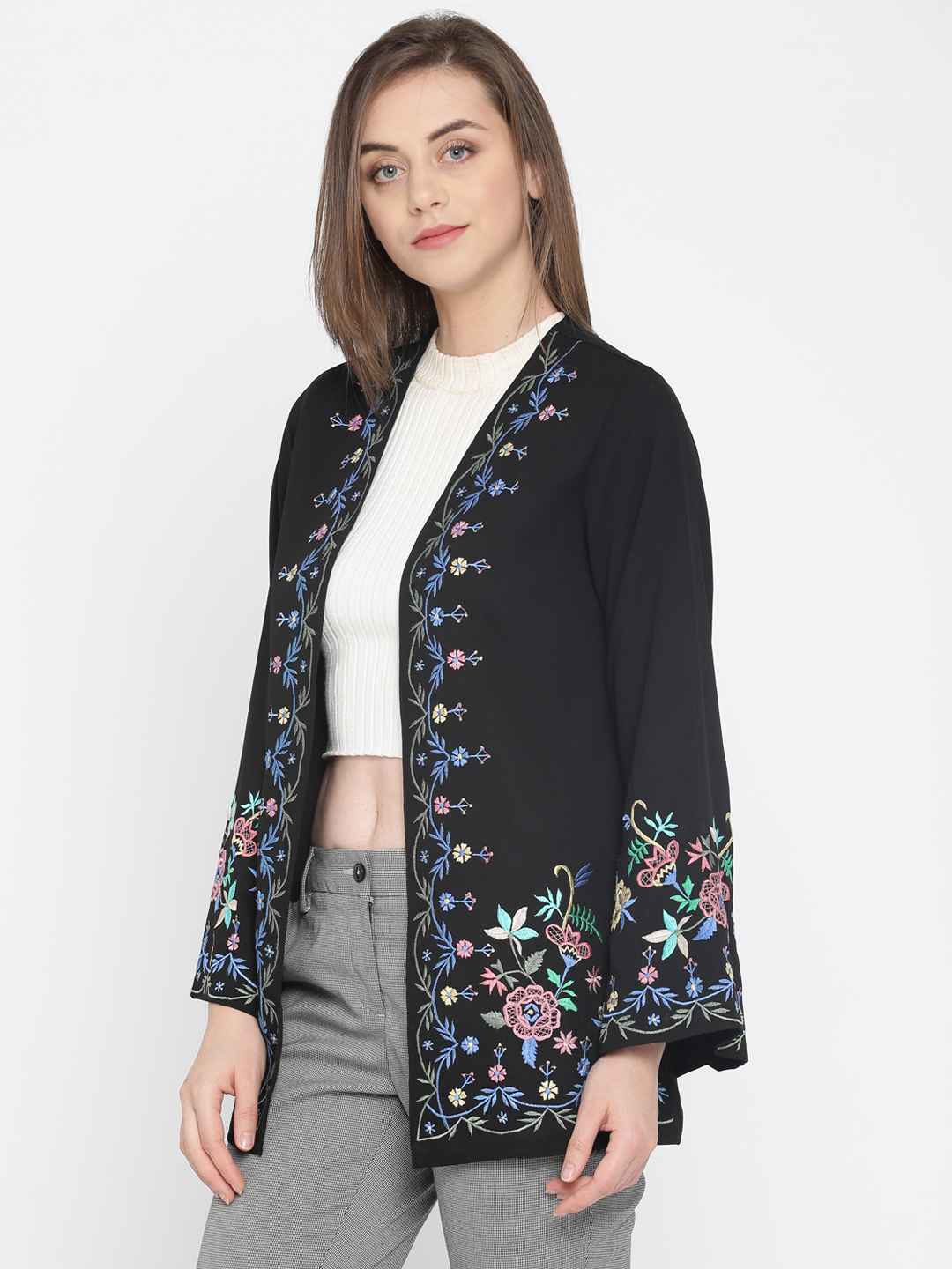 Scoup Multi Color Black Embroidered Shrug