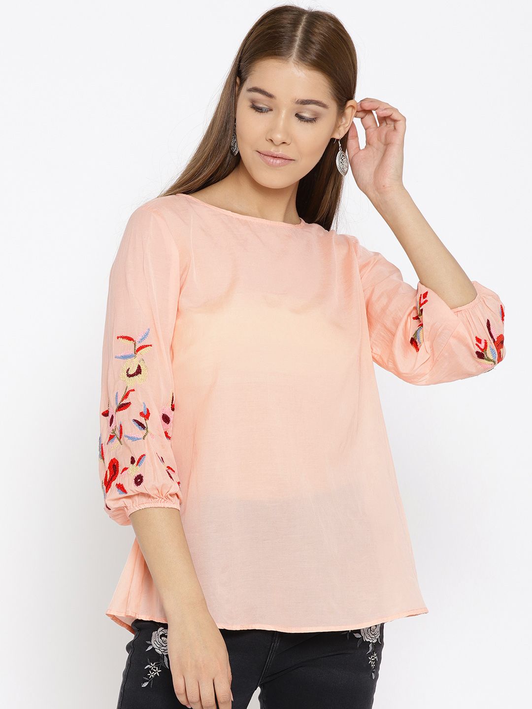 Peach Sleeves Embroidered Top