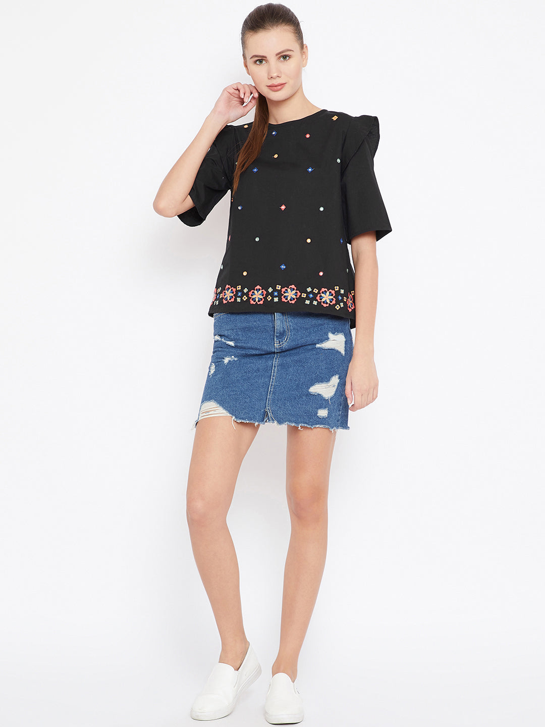 Scoup Black Embroidered A-Line Top