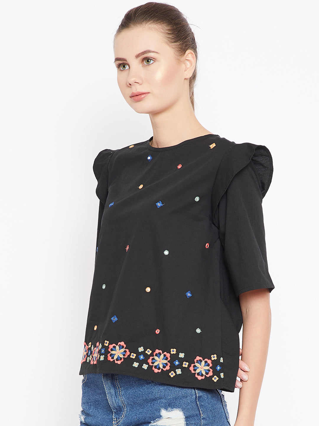 Scoup Black Embroidered A-Line Top