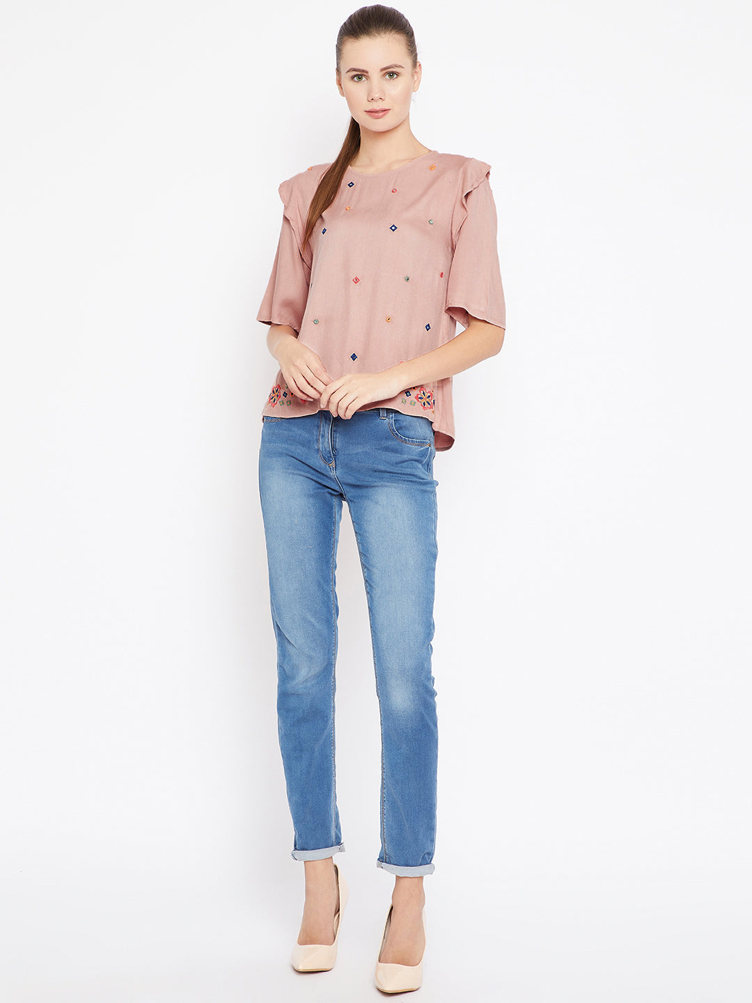 Scoup Peach-Coloured Embroidered Top
