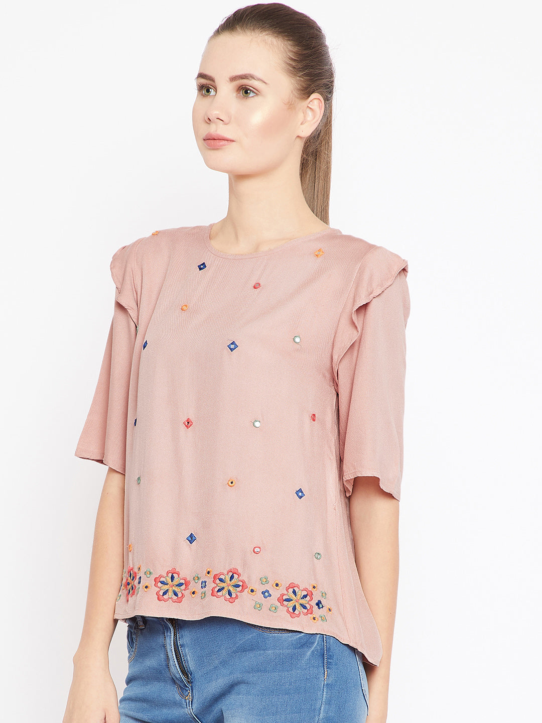 Scoup Peach-Coloured Embroidered Top