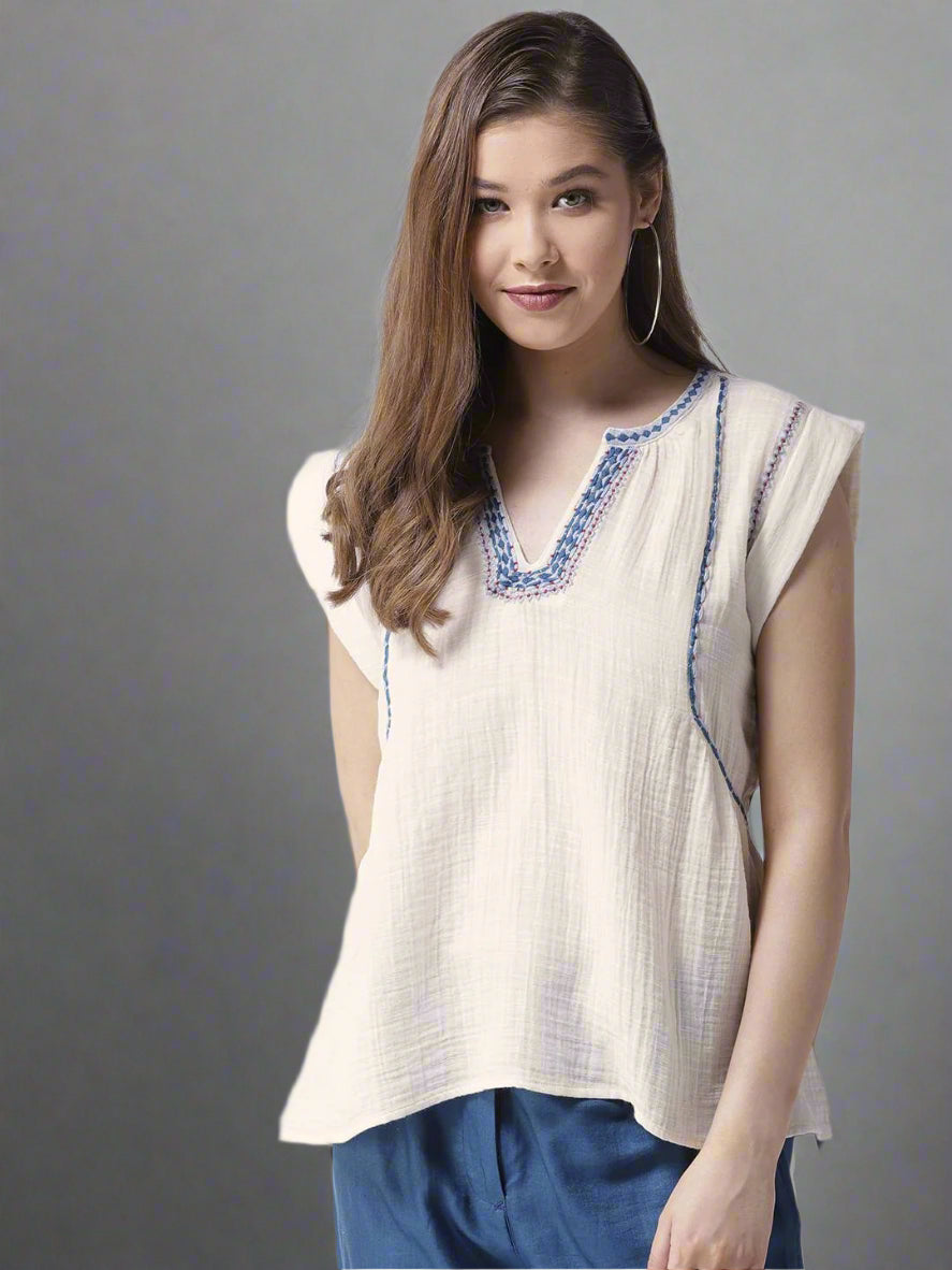 Cotton Gauze Embroidered Boxy Top