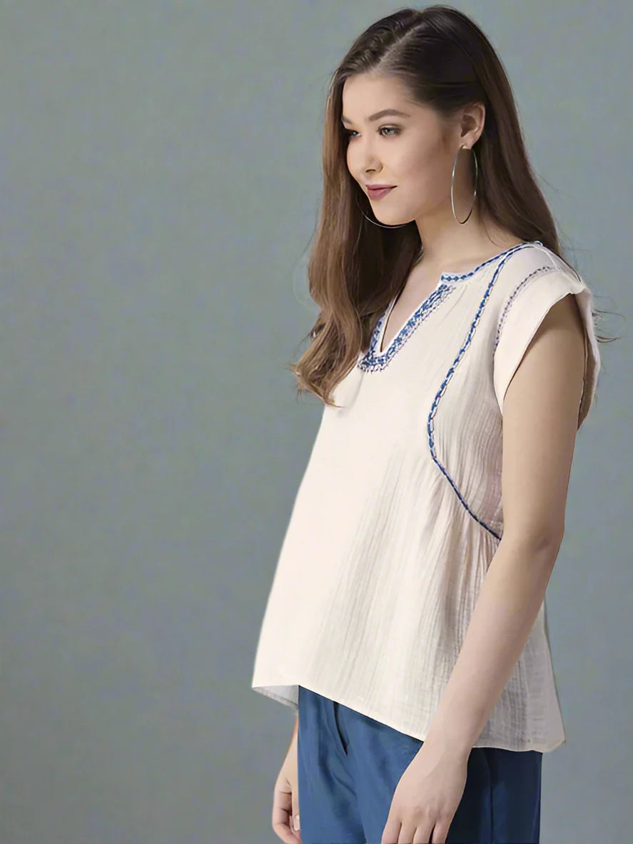 Cotton Gauze Embroidered Boxy Top