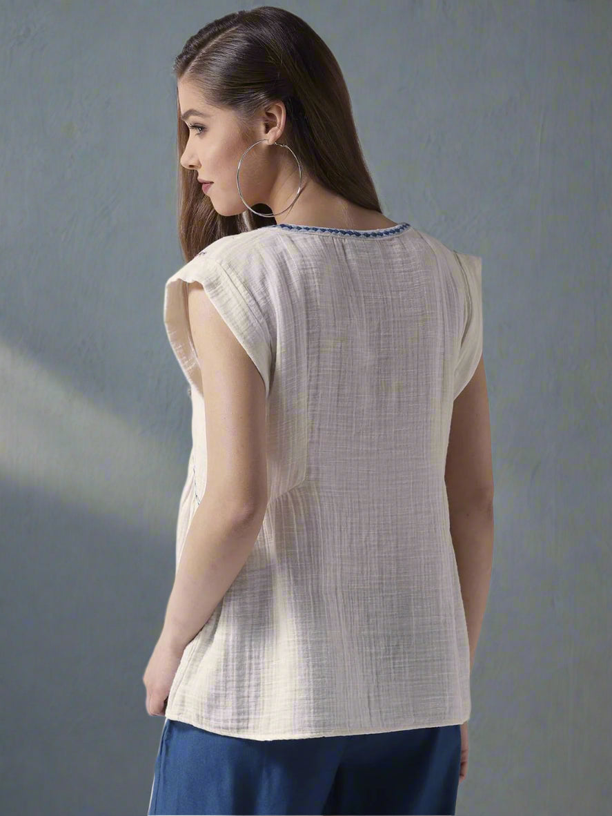 Cotton Gauze Embroidered Boxy Top