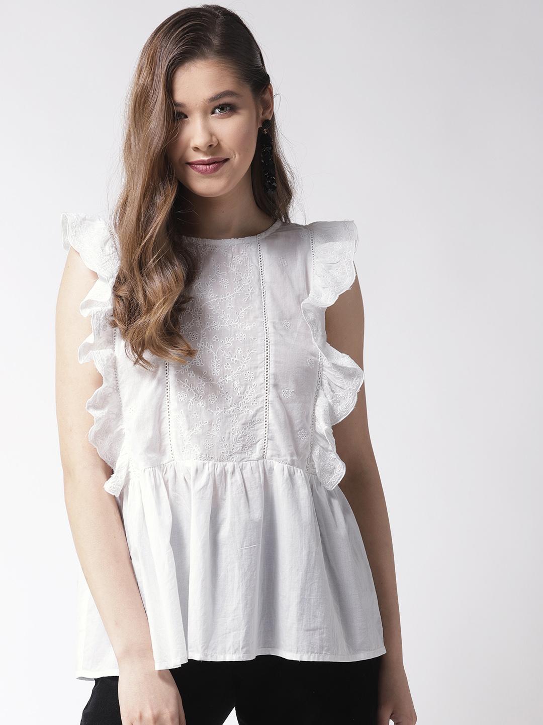 Scoup White Embroidered A-Line Pure Cotton Top