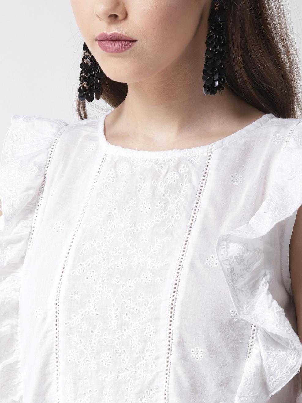 Scoup White Embroidered A-Line Pure Cotton Top