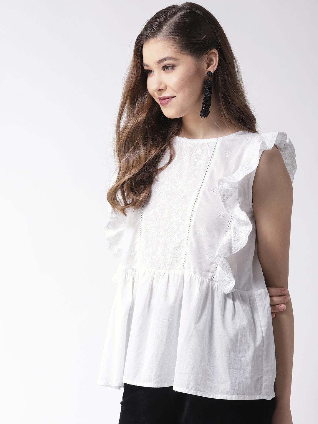 Scoup White Embroidered A-Line Pure Cotton Top