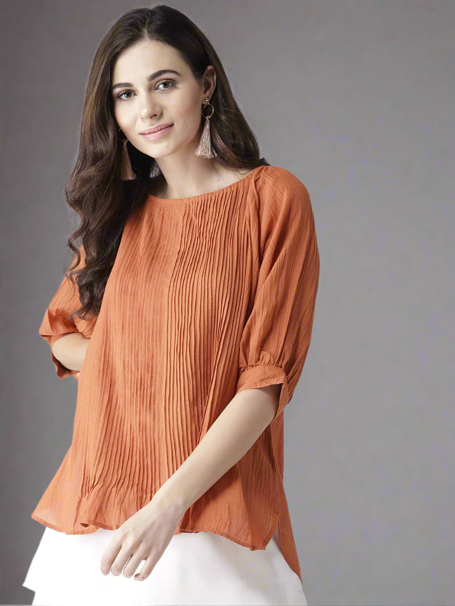 Scoup Rust Pintuck Detail Top