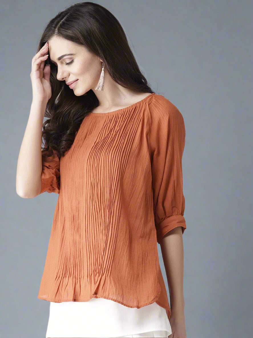 Scoup Rust Pintuck Detail Top