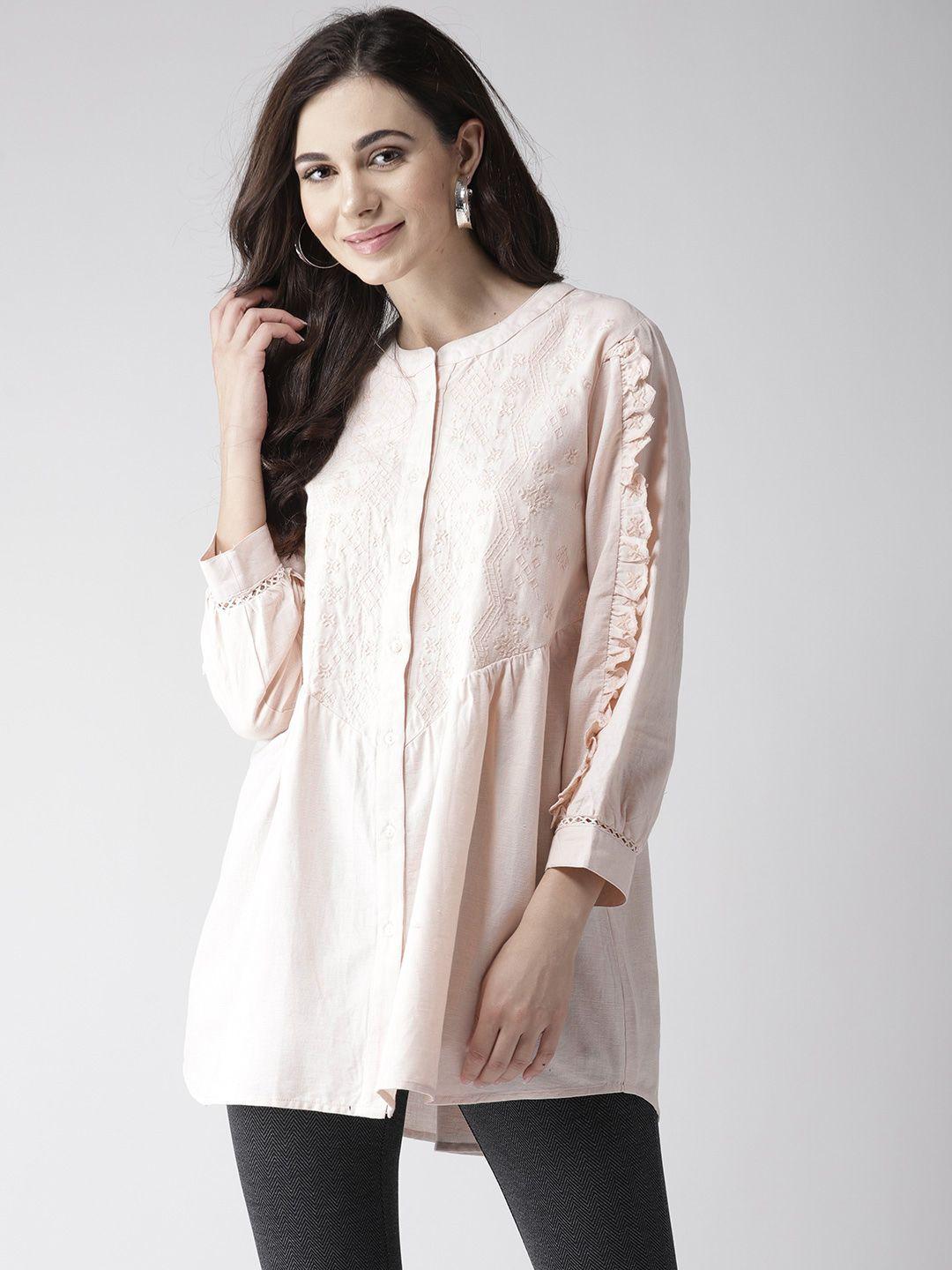 Dusty Pink Embroidered Tunic Top with Frill Detail on Sleeves