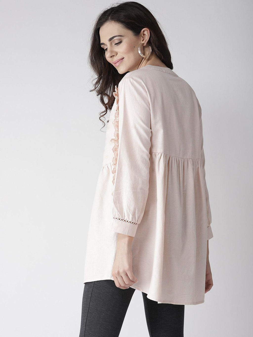 Dusty Pink Embroidered Tunic Top with Frill Detail on Sleeves