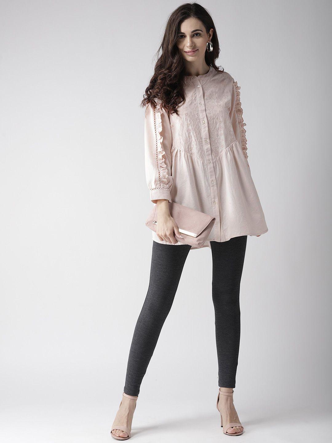 Dusty Pink Embroidered Tunic Top with Frill Detail on Sleeves