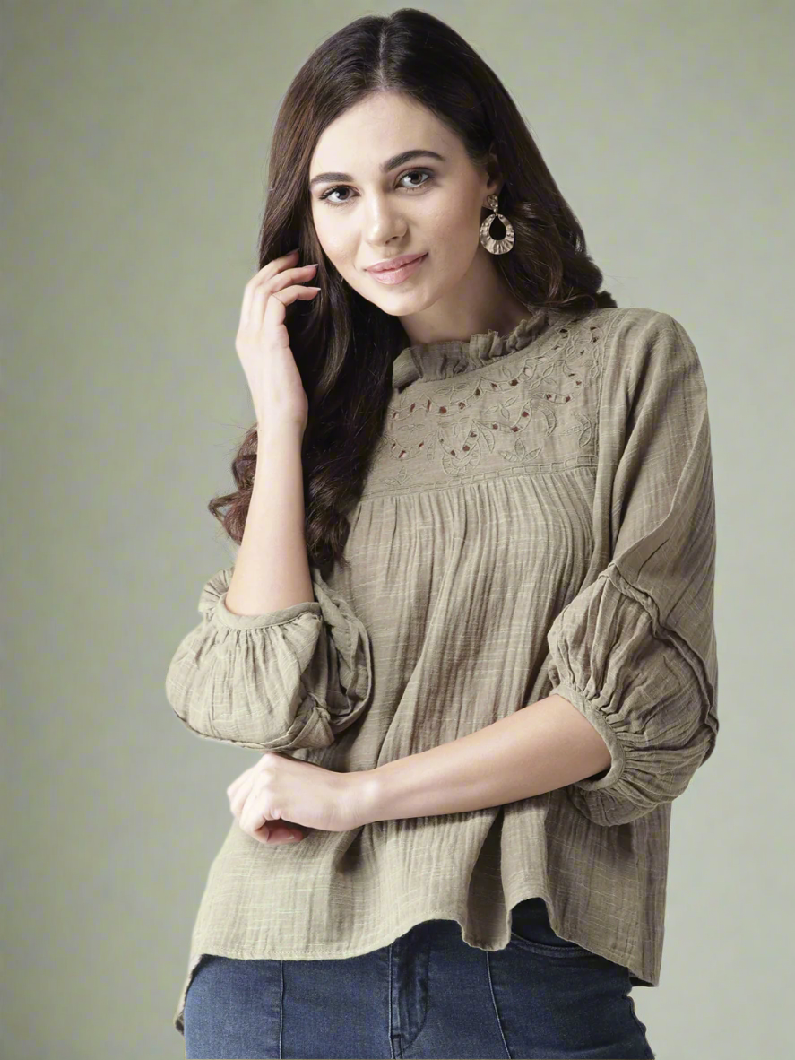 Olive Green Solid A-Line Pure Cotton Top