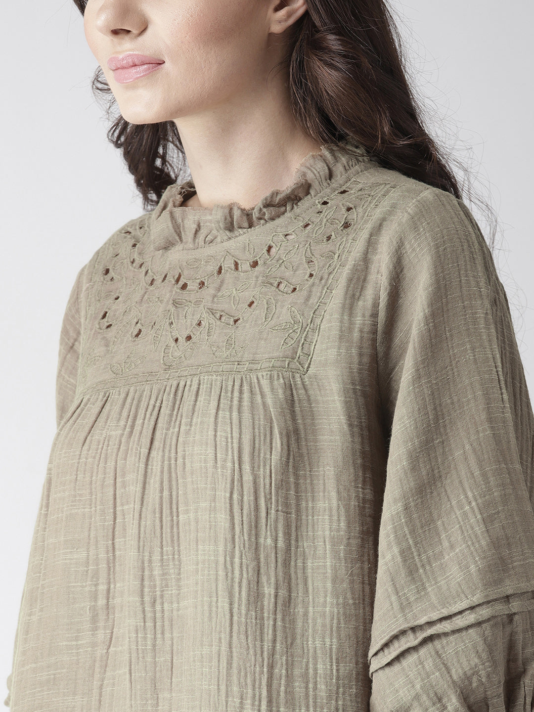 Scoup Olive Green Solid A-Line Pure Cotton Top