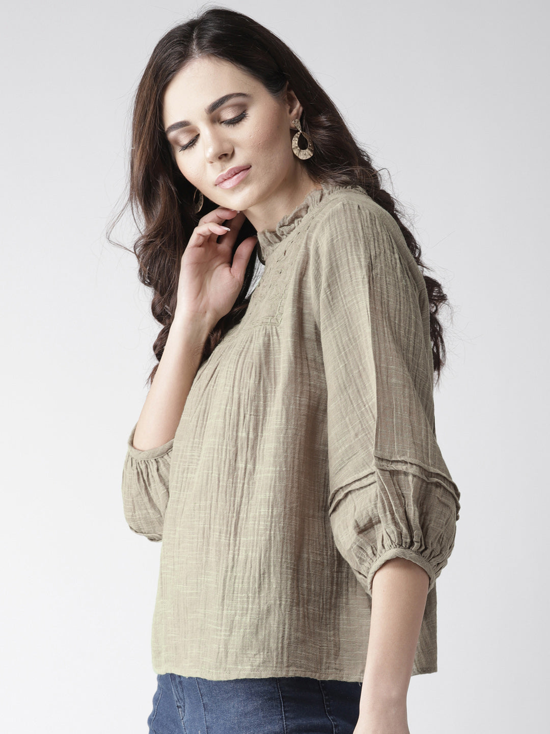 Scoup Olive Green Solid A-Line Pure Cotton Top