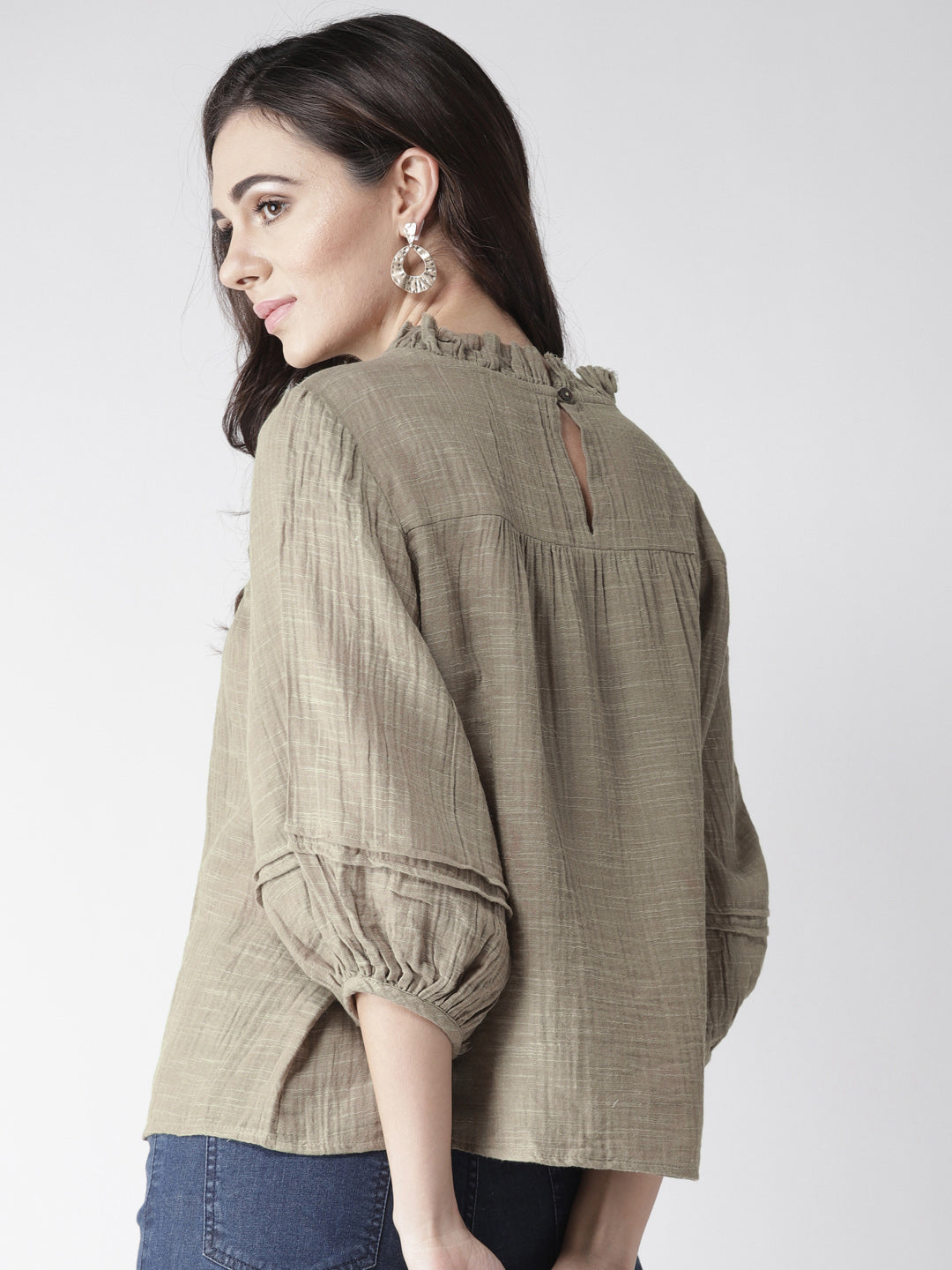 Scoup Olive Green Solid A-Line Pure Cotton Top