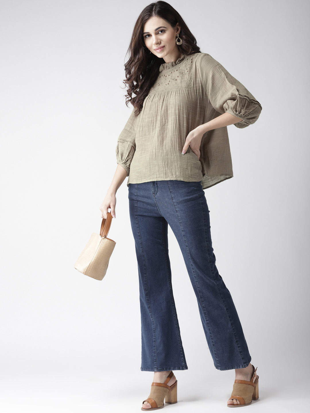 Scoup Olive Green Solid A-Line Pure Cotton Top