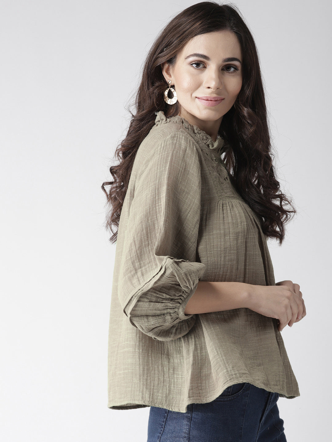 Scoup Olive Green Solid A-Line Pure Cotton Top