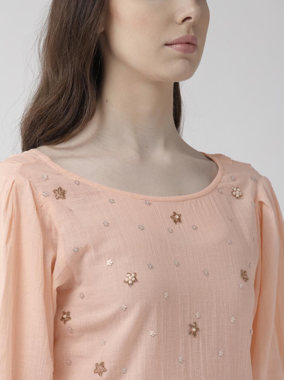 Scoup Peach-Coloured Embellished Styled Back Top