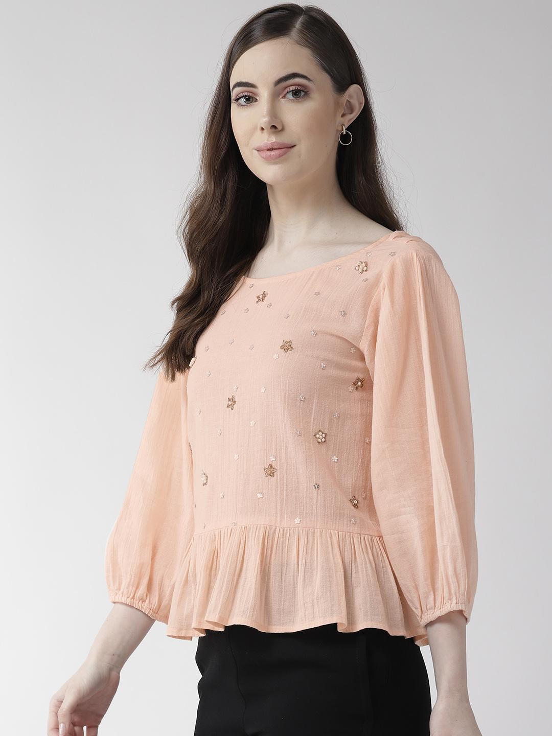 Scoup Peach-Coloured Embellished Styled Back Top