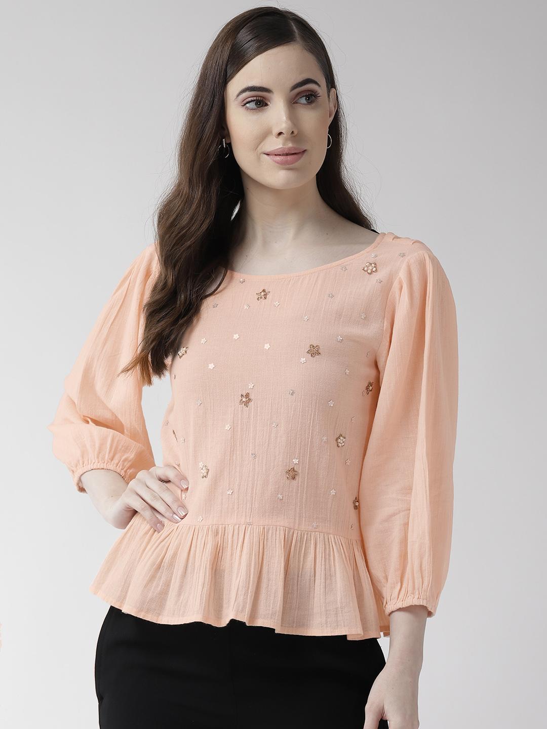 Scoup Peach-Coloured Embellished Styled Back Top