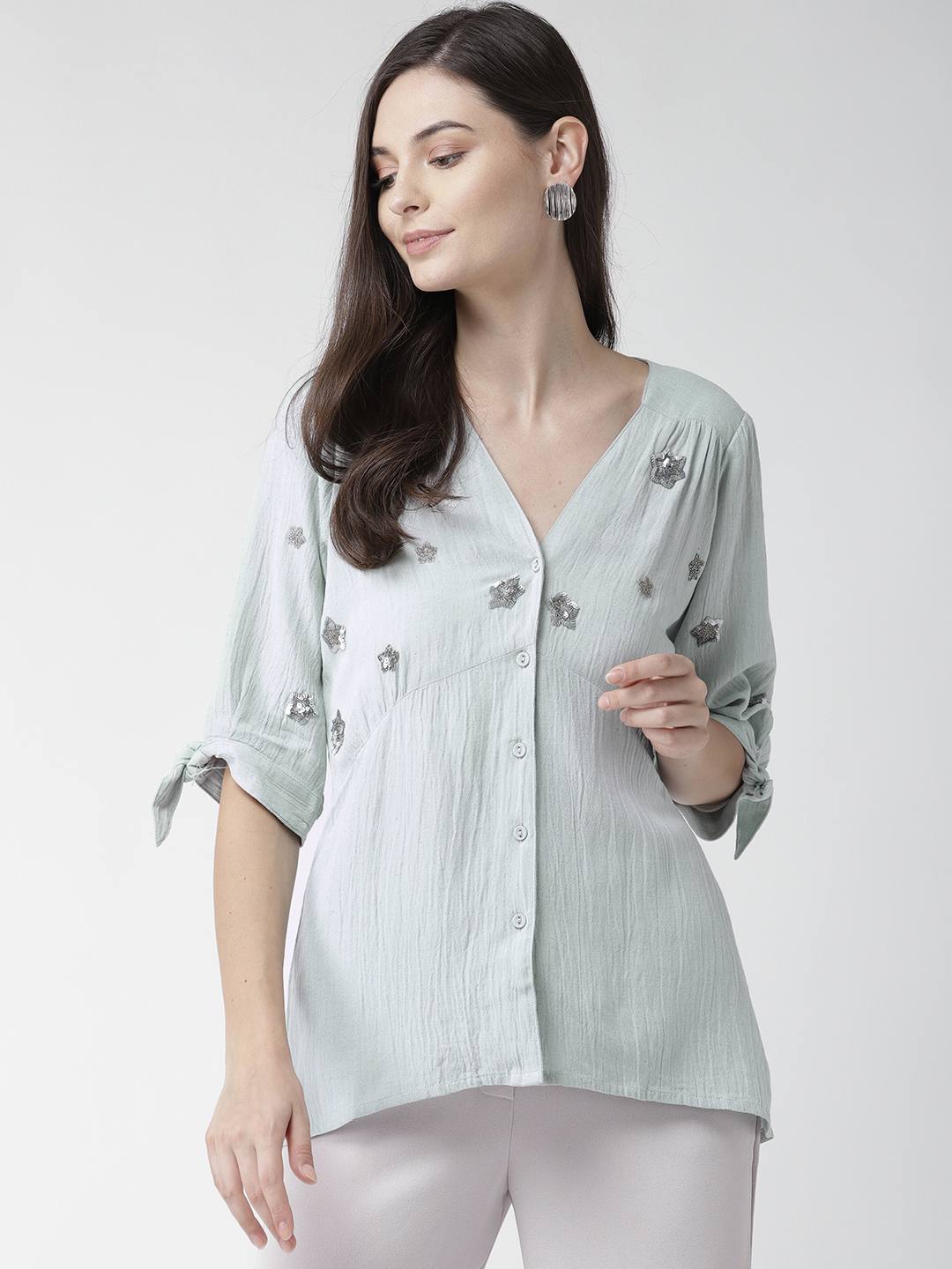 Blue Embellished Top with Tie-up Sleeves details