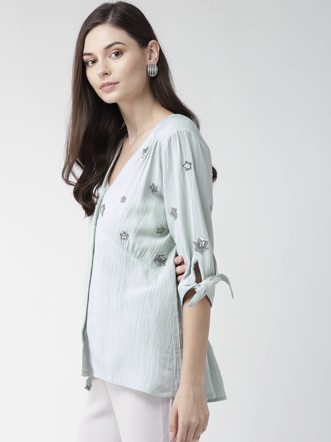 Blue Embellished Top with Tie-up Sleeves details