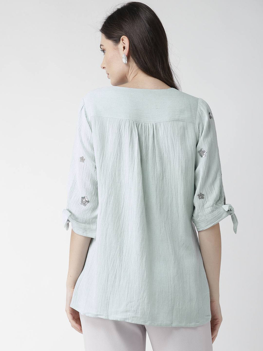 Blue Embellished Top with Tie-up Sleeves details