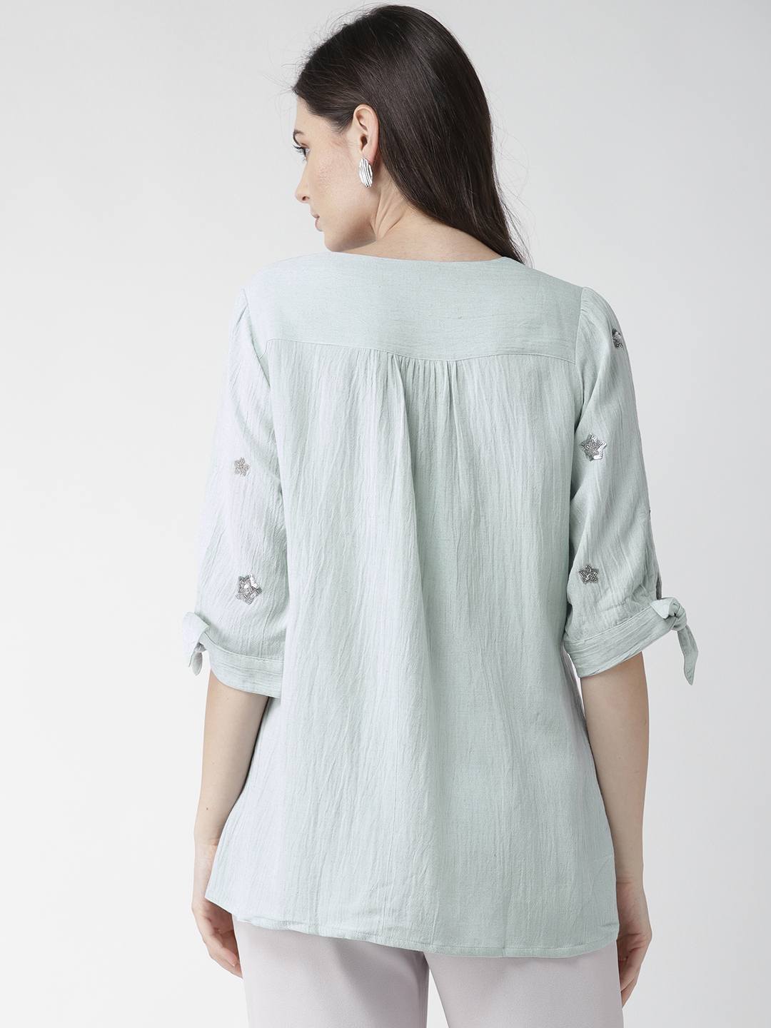 Blue Embellished Top with Tie-up Sleeves details
