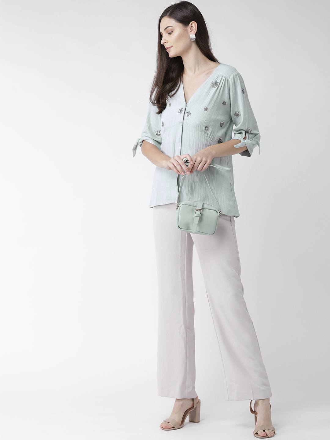 Blue Embellished Top with Tie-up Sleeves details