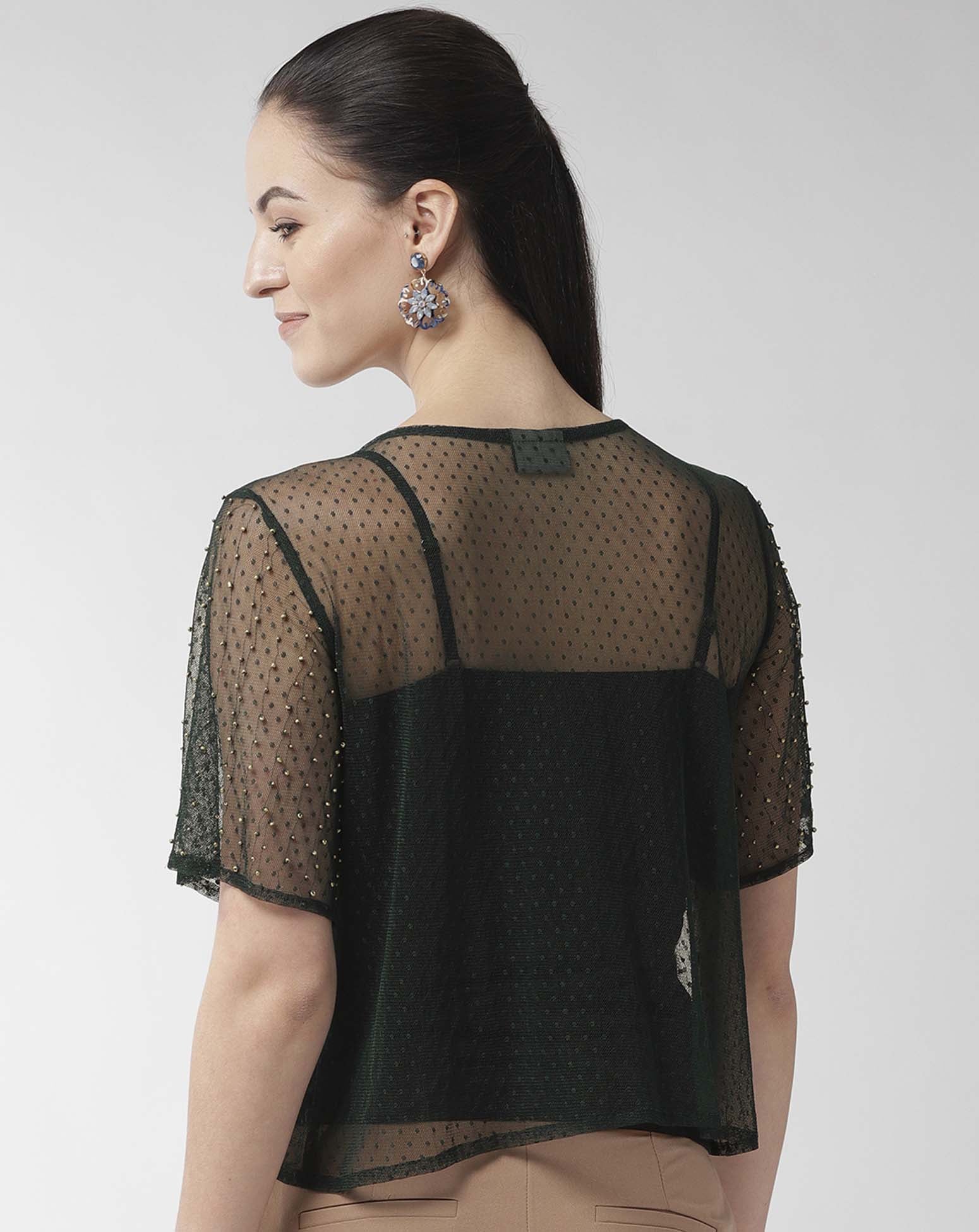 Green Net Embellished Short Top