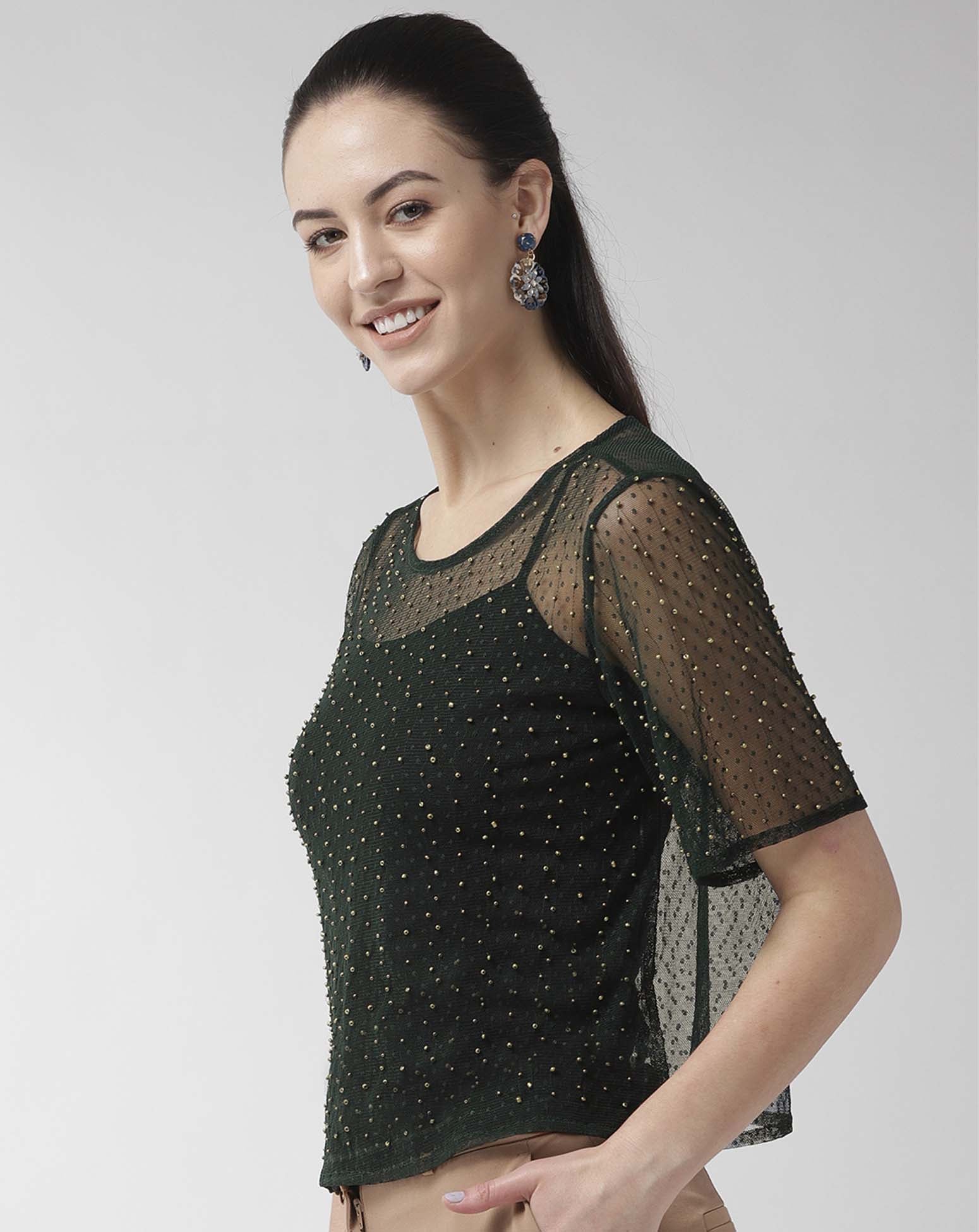 Green Net Embellished Short Top
