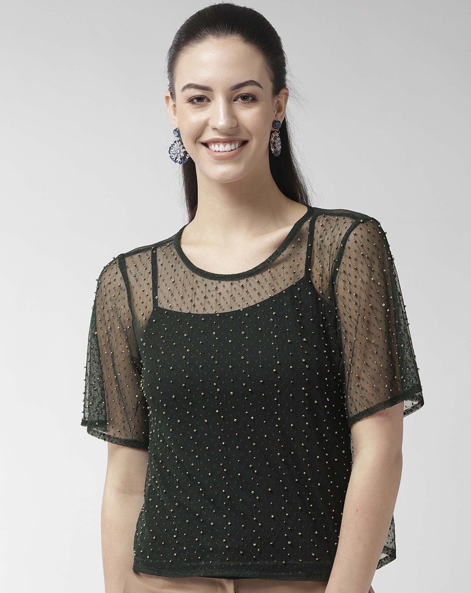 Green Net Embellished Short Top