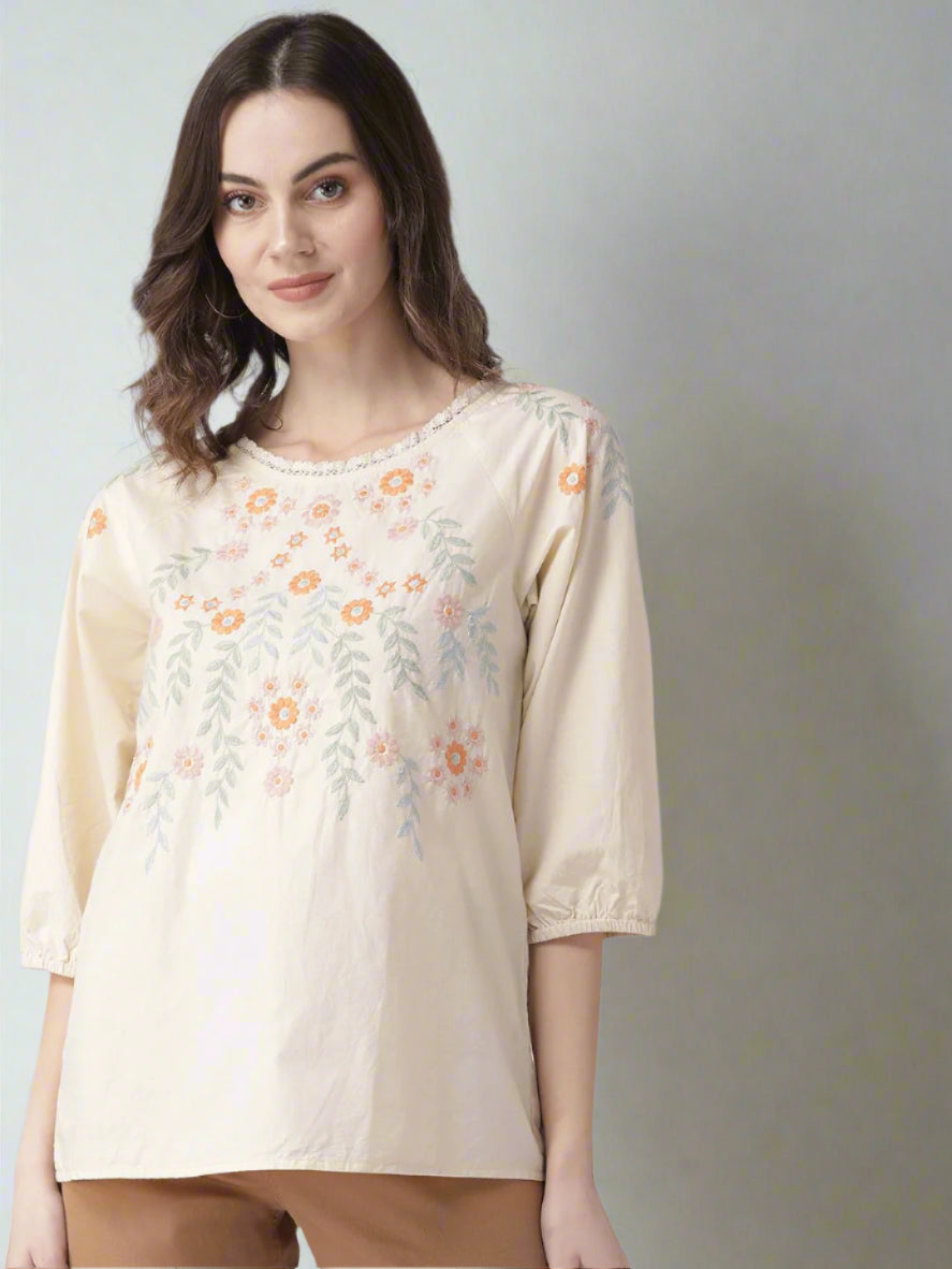 Light Beige Cotton Embroidered Poplin Top