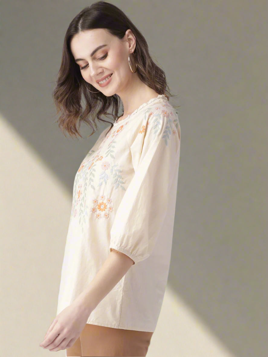 Light Beige Cotton Embroidered Poplin Top