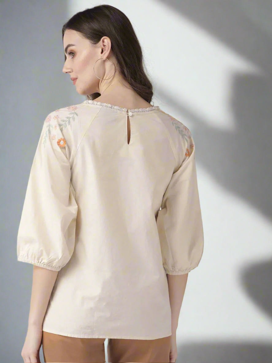 Light Beige Cotton Embroidered Poplin Top